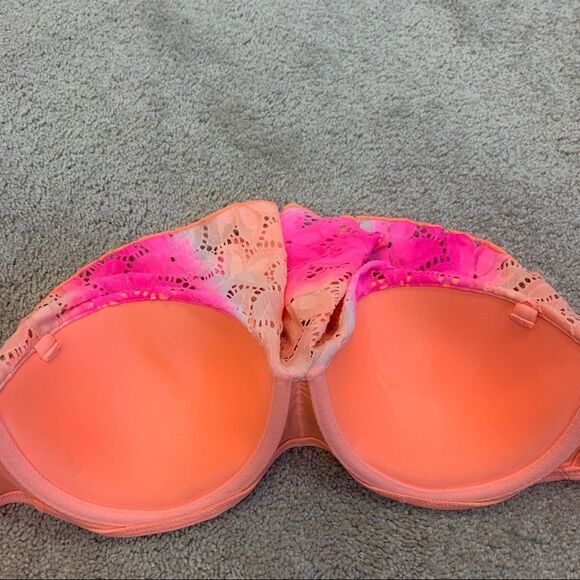 VICTORIA'S Secret neon orange pink ruffle frill lace bikini top Sz 36C/M/L/10 - Picture 7 of 11